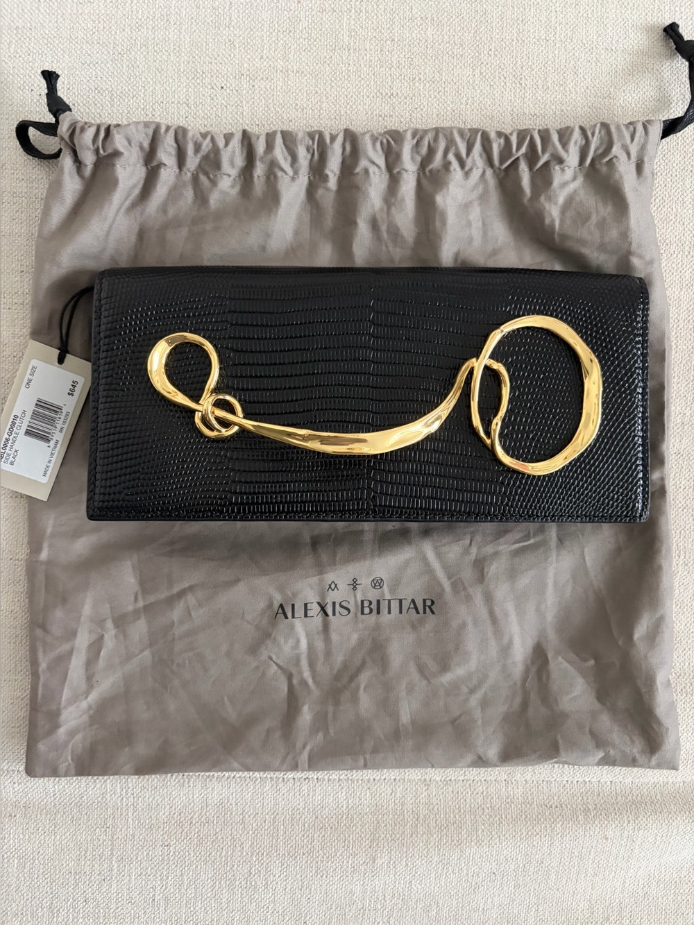 NWT Alexis Bittar Clutch | Black Lizard-Embossed Purse with Gold Metal Twist - Picture 1 of 17